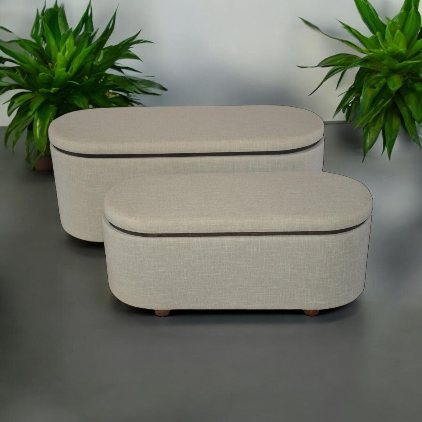 Extra Large Cream Linen Stylish Storage Seating Stools Set - 2 with Lift-Up Lids