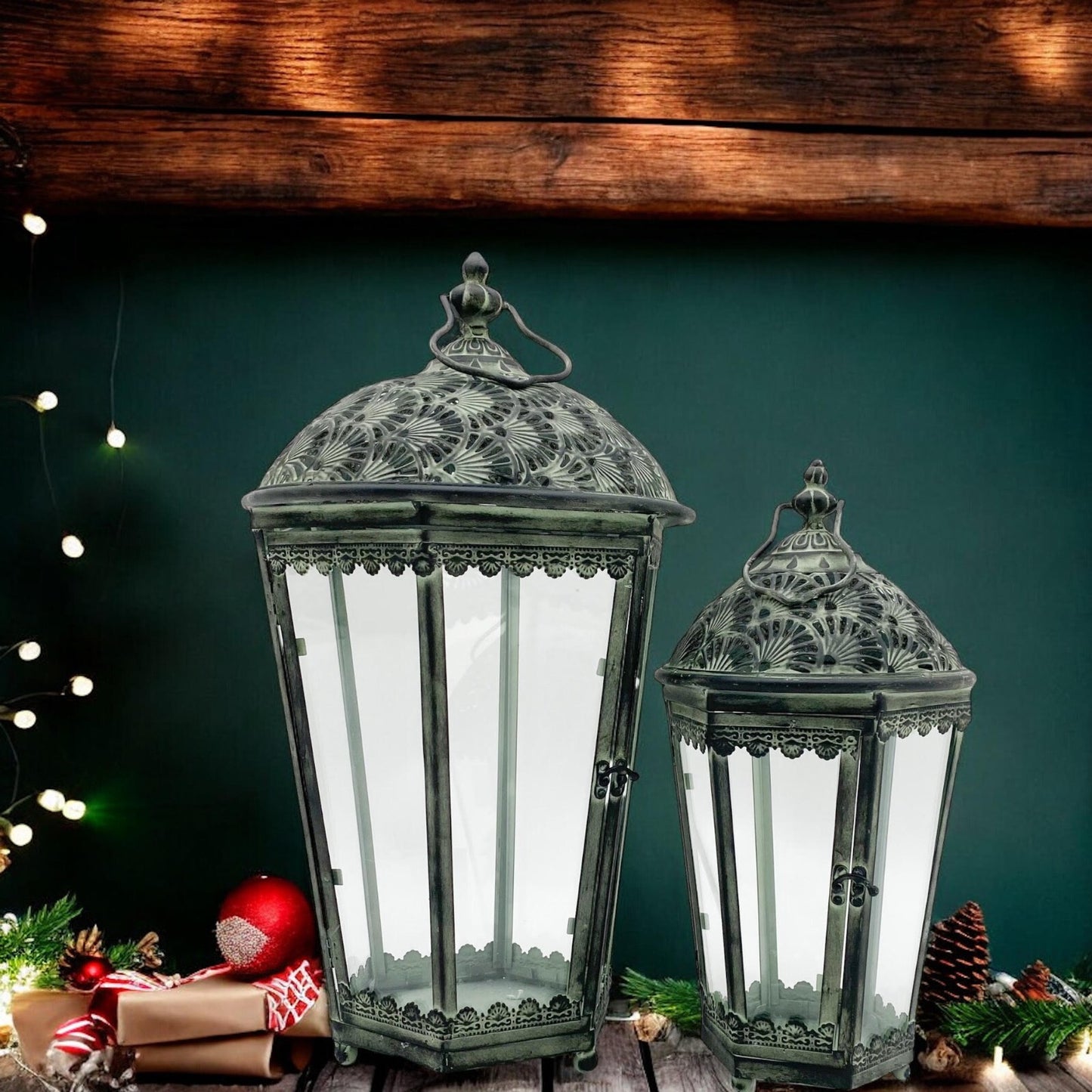 Set of 2 Tall Antiqued Style Green Metal and Glass Garden Lantern Indoor Outdoor
