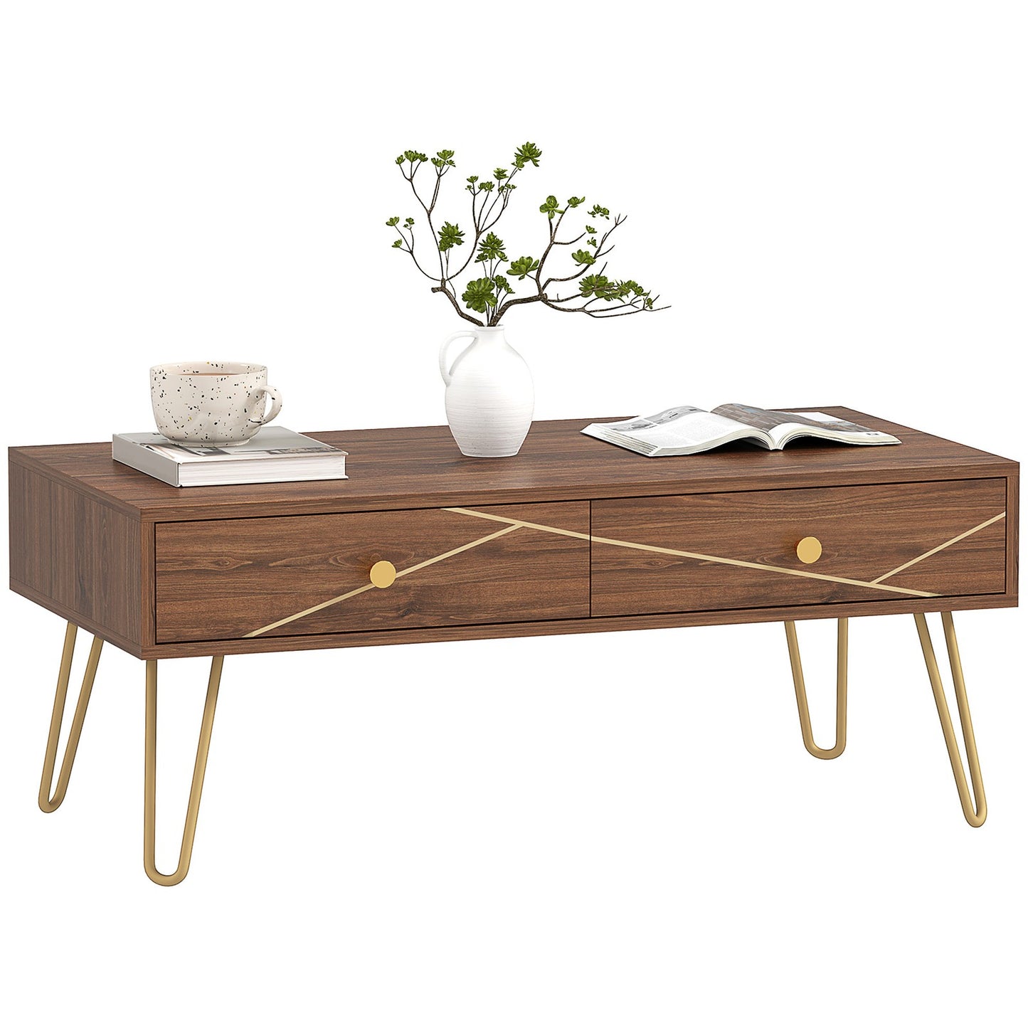 Coffee Table with Storage, Living Room Tea Table with Drawers, Steel Base, Brown