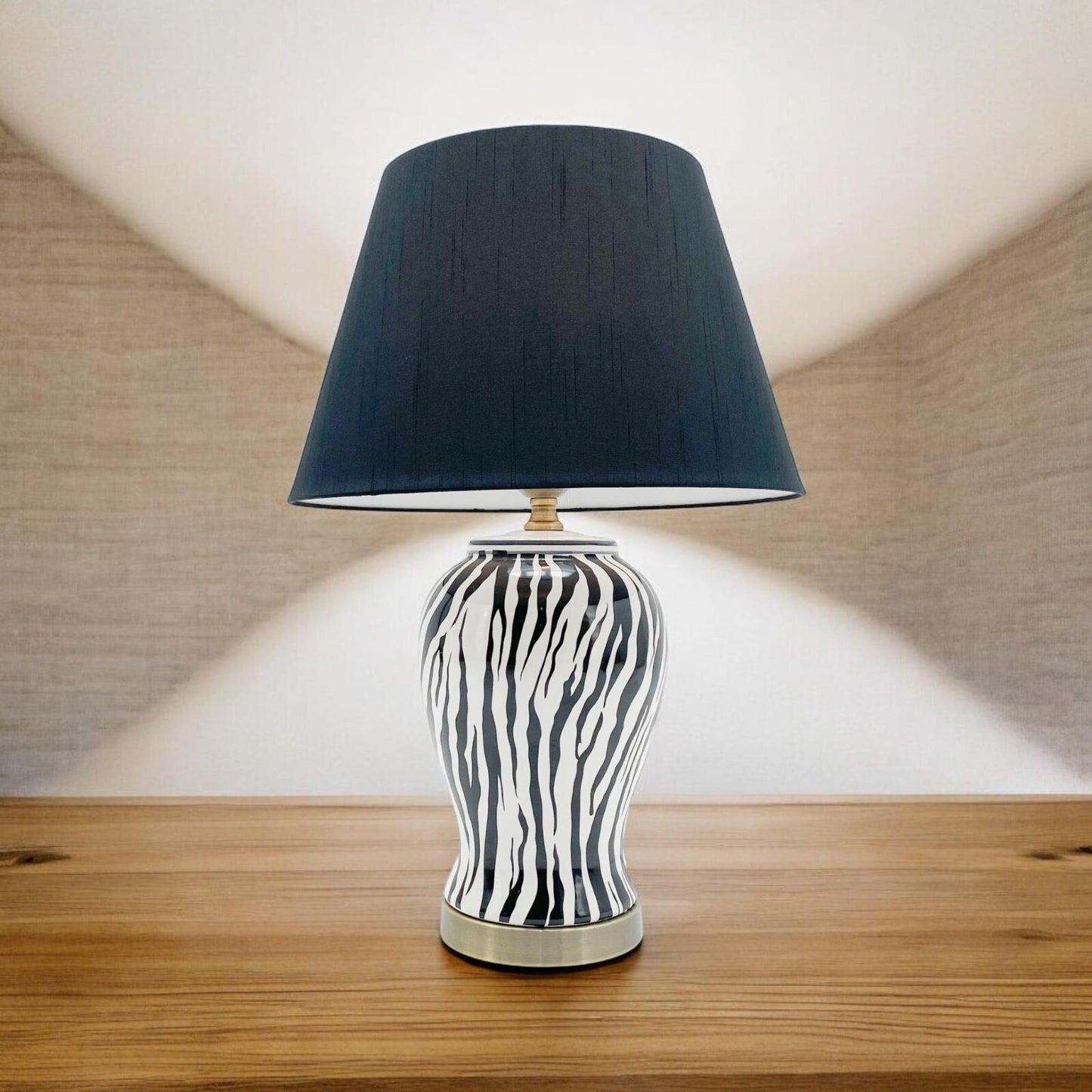Modern Zebra Ceramic Table Lamp with Drum Black Shade 64Cm Large Bedroom Hallway