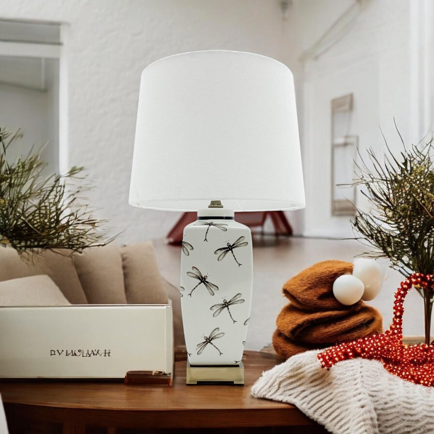 64Cm Dragonfly Ceramic Table Lamp with Pleated Drum Shade – Elegant Home Decor
