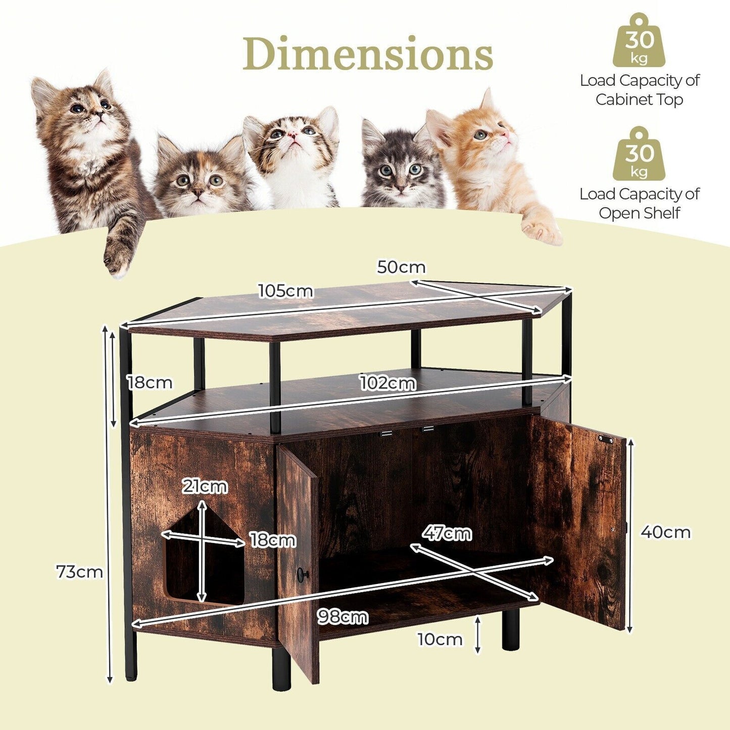 COSTWAY Corner Cat Litter Box Enclosure Cat House Cabinet with Open Shelf
