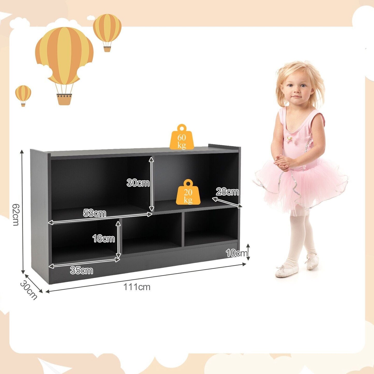 Kids Storage Shelf Unit 5-Cubby Wooden Children Bookcase Toy Storage Organizer