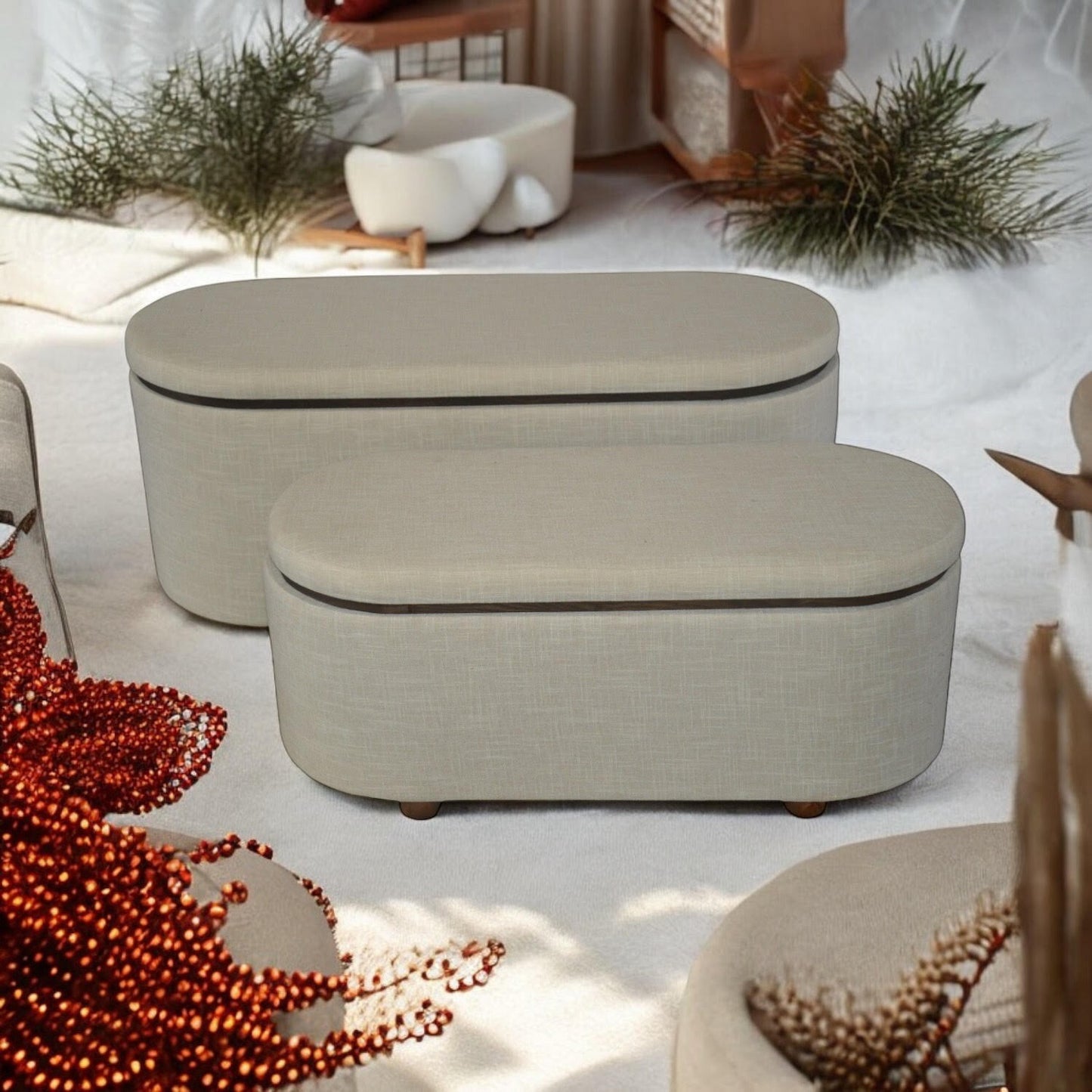 Extra Large Cream Linen Stylish Storage Seating Stools Set - 2 with Lift-Up Lids