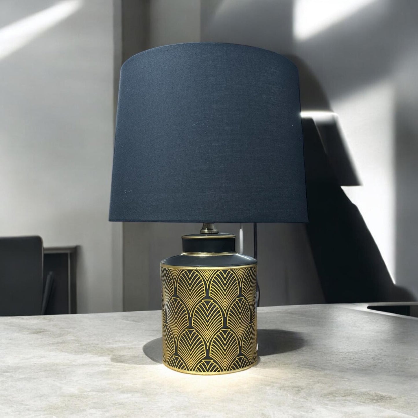 Black & Gold Modern Floral Ceramic Table Lamp Drum Shade Elegant Hall Light 50Cm