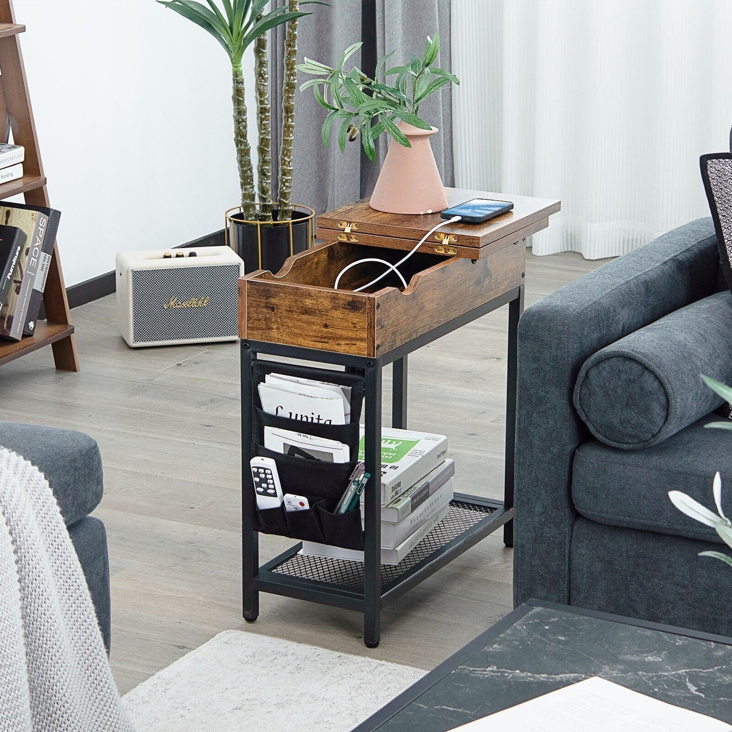 2-Tier Side Table End Table W/Usb Ports & Flip Top Narrow Nightstand for Bedroom