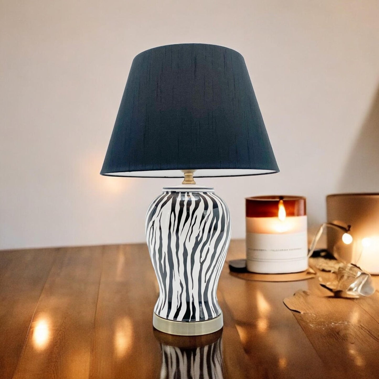 Modern Zebra Ceramic Table Lamp with Drum Black Shade 64Cm Large Bedroom Hallway