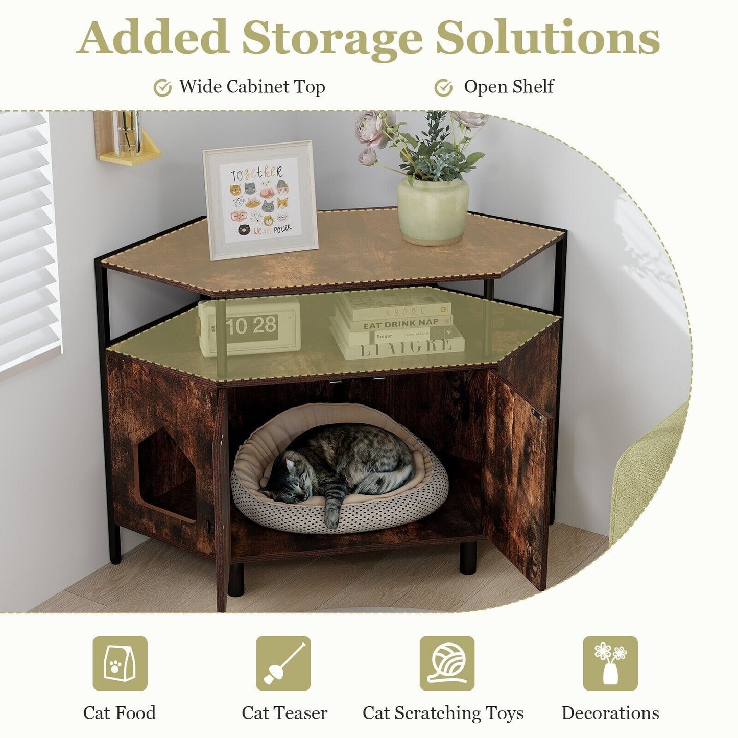COSTWAY Corner Cat Litter Box Enclosure Cat House Cabinet with Open Shelf