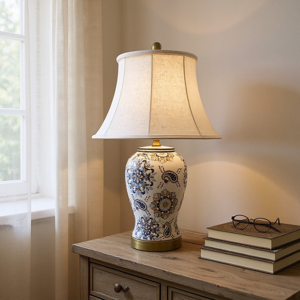 Floral Ceramic Table Lamp with Shade 64Cm Large & Oriental Pattern Design