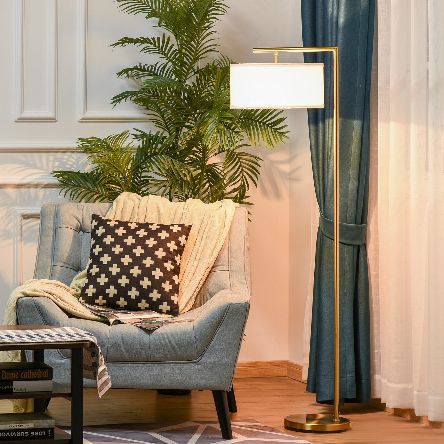 Modern Floor Lamp Tall Pole Light with Linen Shade E27 Holder for Home Office