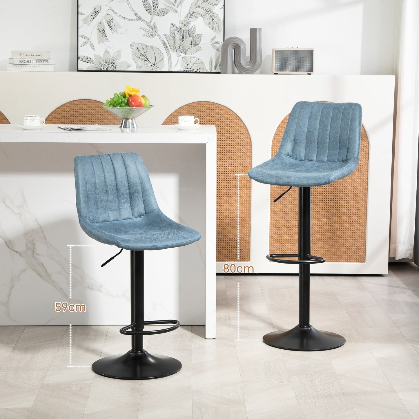 HOMCOM Set of 2 Microfibre Retro Tub Bar Stools Metal Frame Footrest Seat Blue