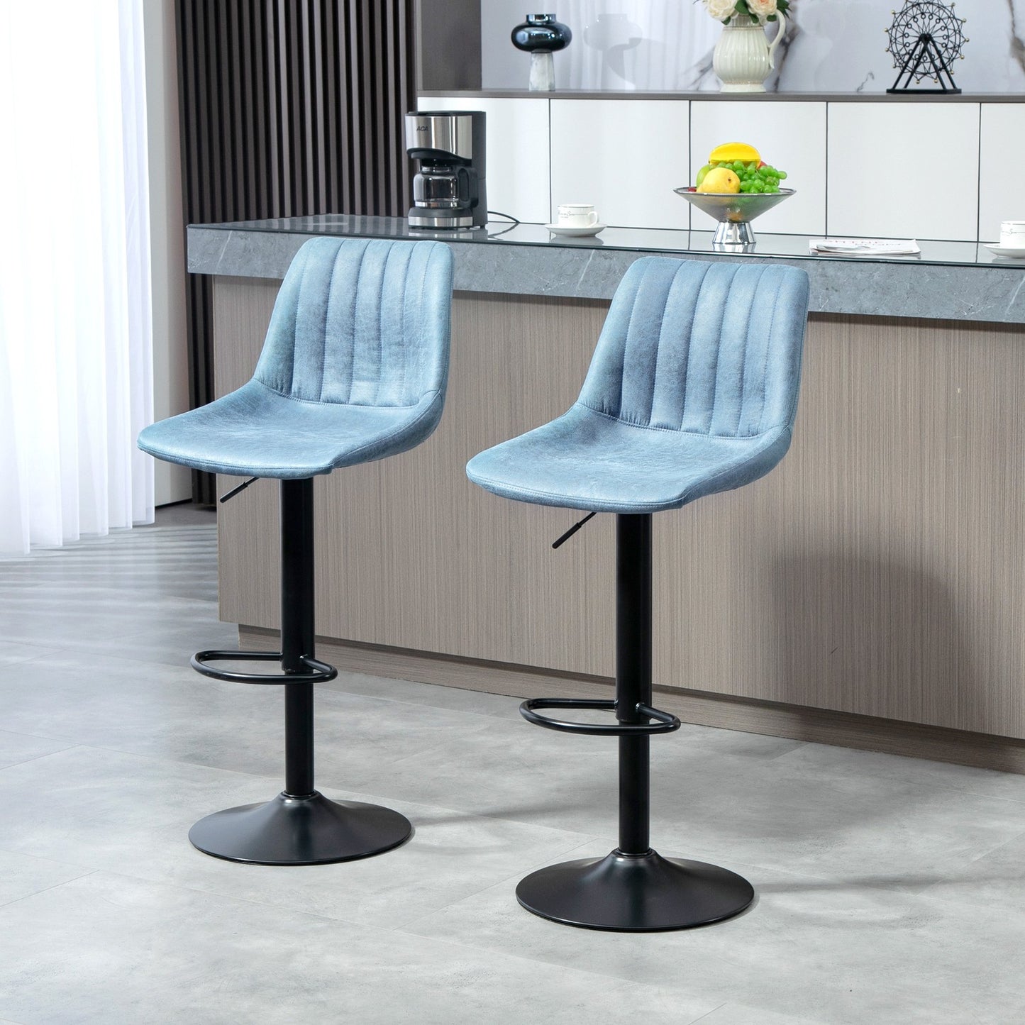 HOMCOM Set of 2 Microfibre Retro Tub Bar Stools Metal Frame Footrest Seat Blue