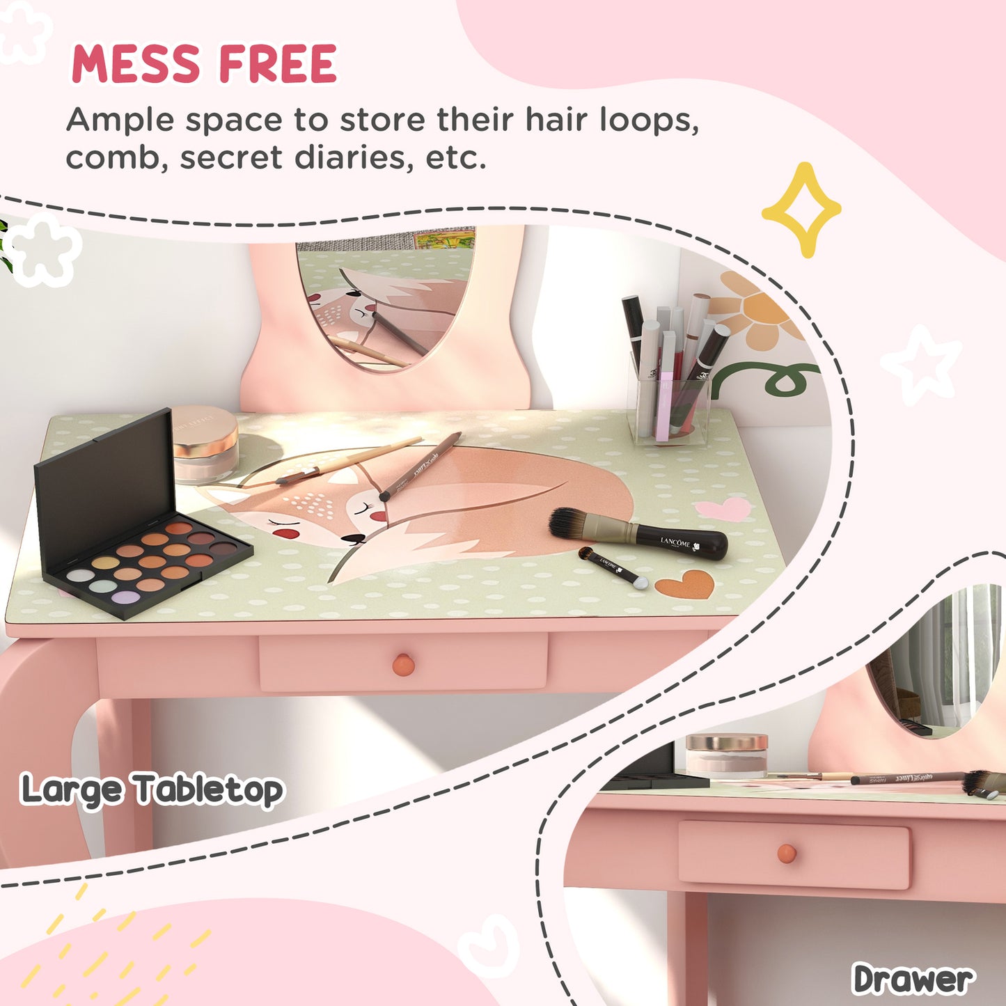 Cute Animal Design Toddler Bed Frame, Kids Dressing Table Set, Pink