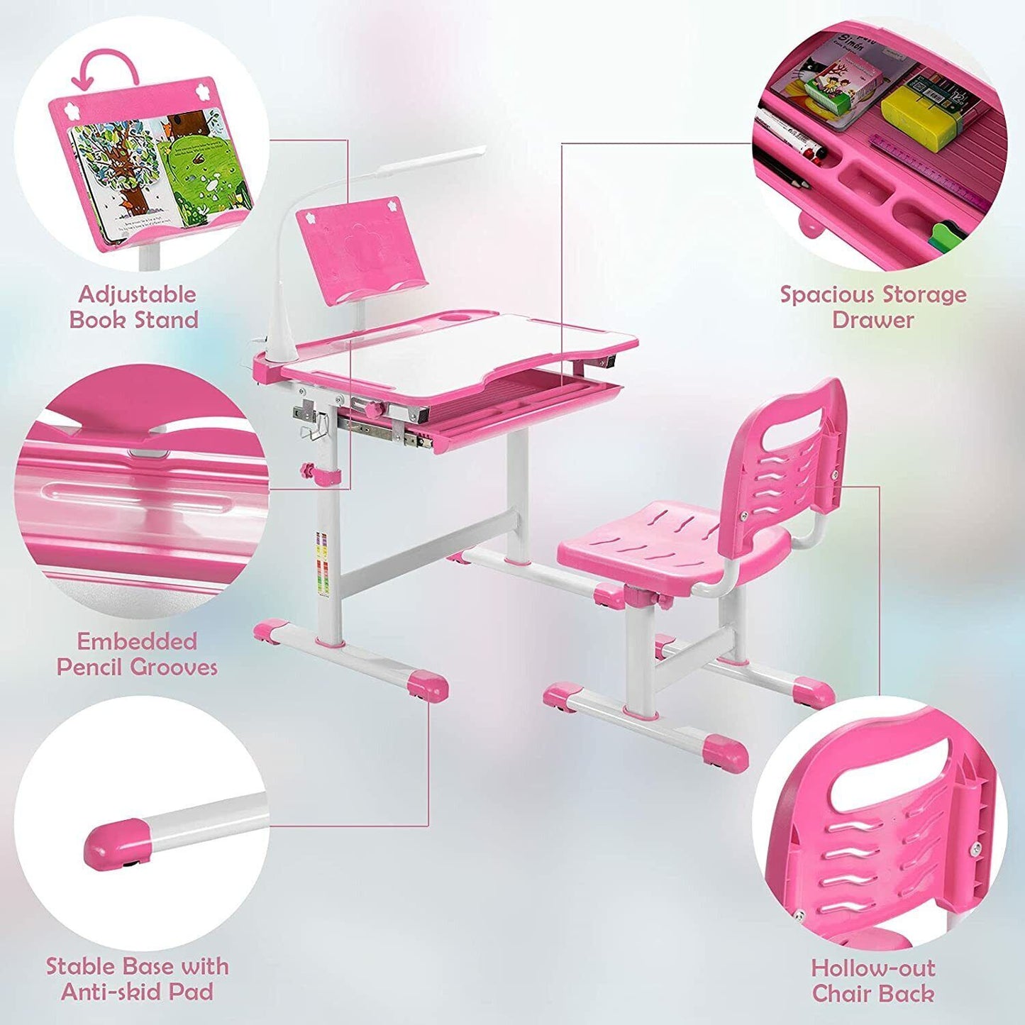 Kids Desk and Chair Set Adjustable Student Study Table W/Drawable Tabletop &Lamp