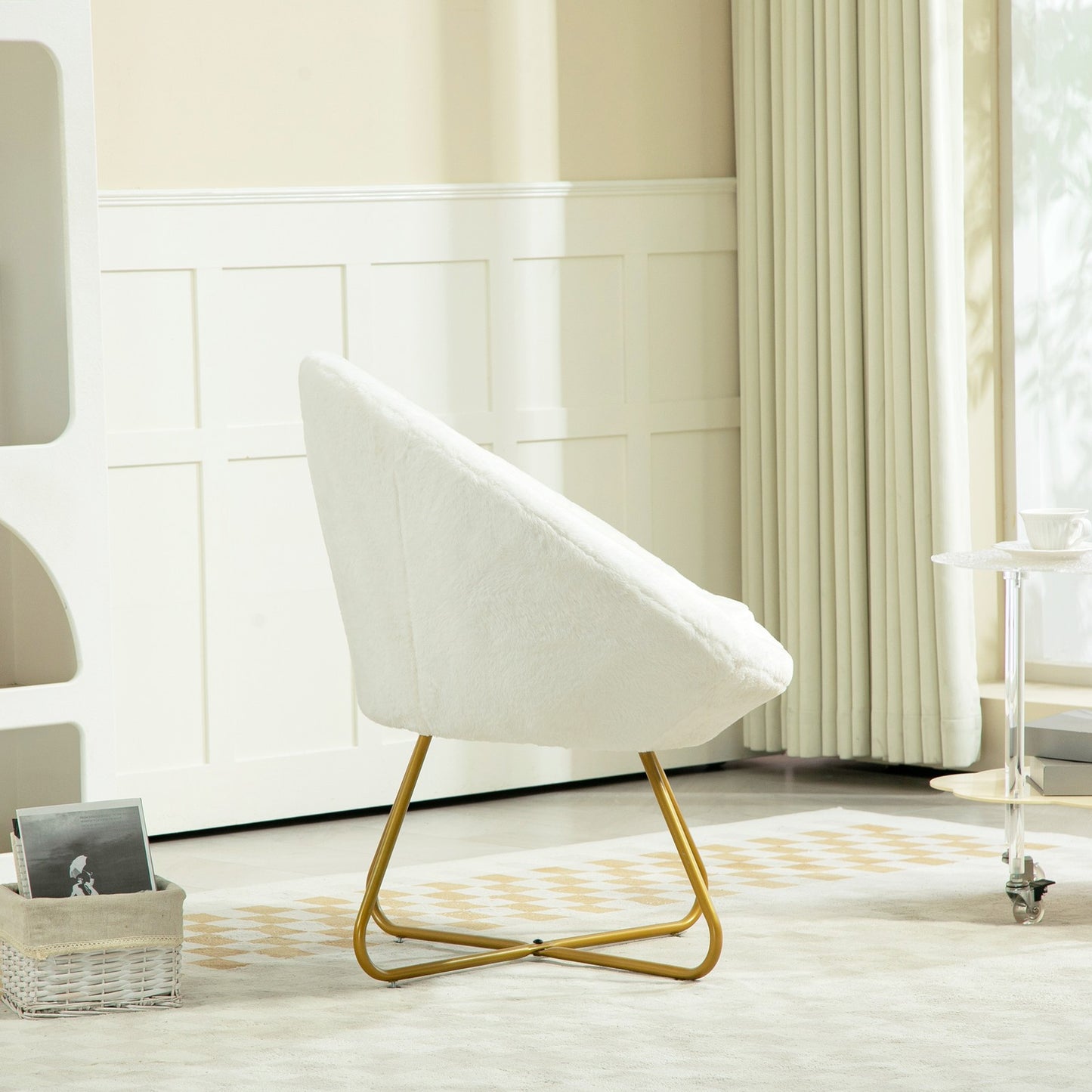 Faux Fur Accent Chair with Golden Metal Legs, Non-Slip Footpads, White