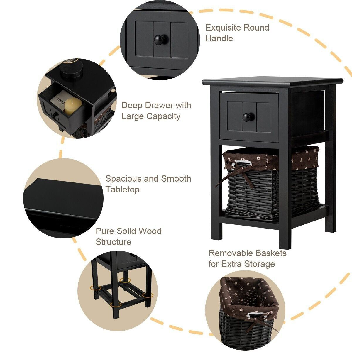 Set of 2 Nightstands with Removable Baskets and Drawers
