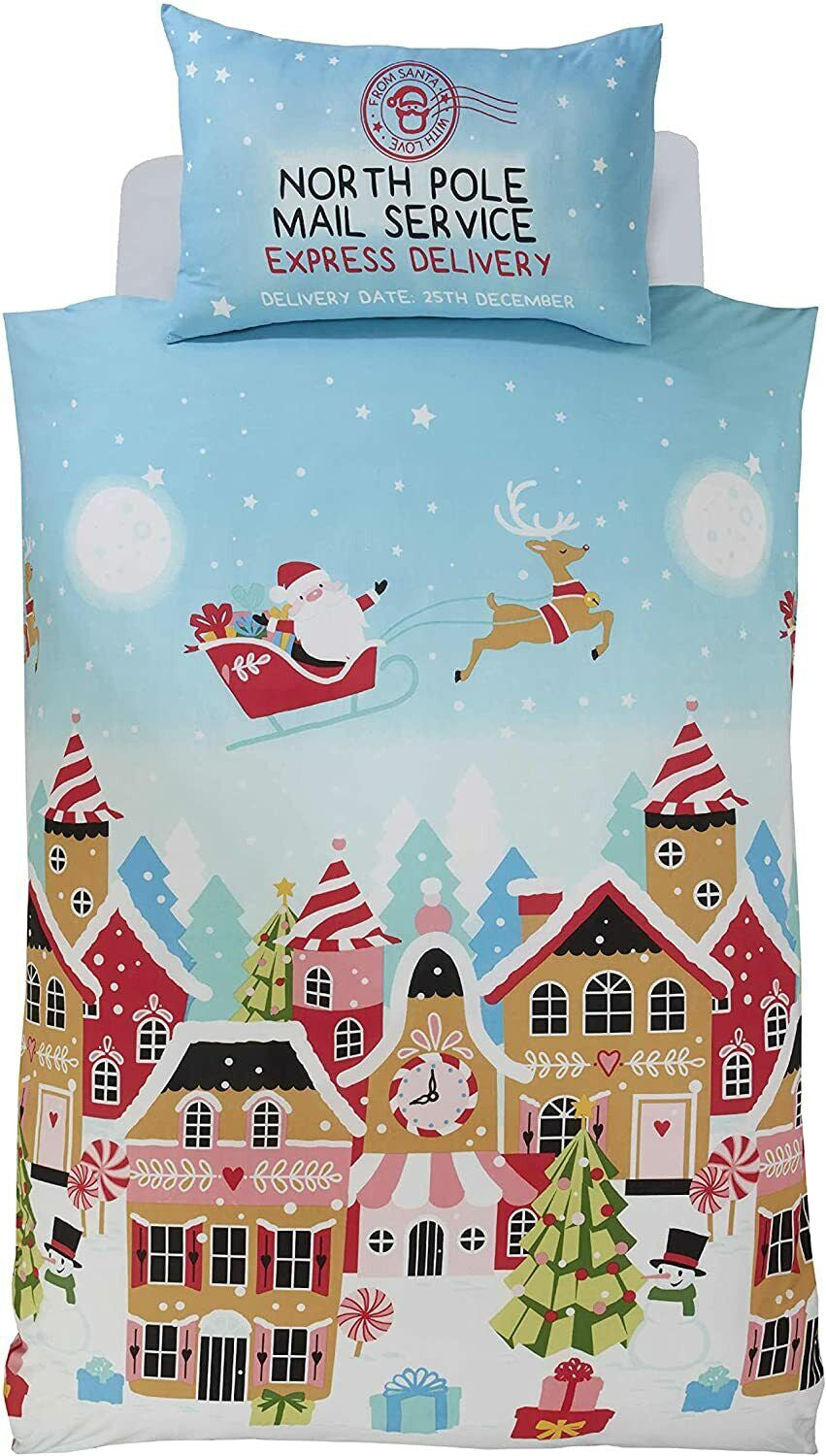 Christmas Santa Gingerbread Town Duvet Quilt Cover Bedding Set with Pillowcase