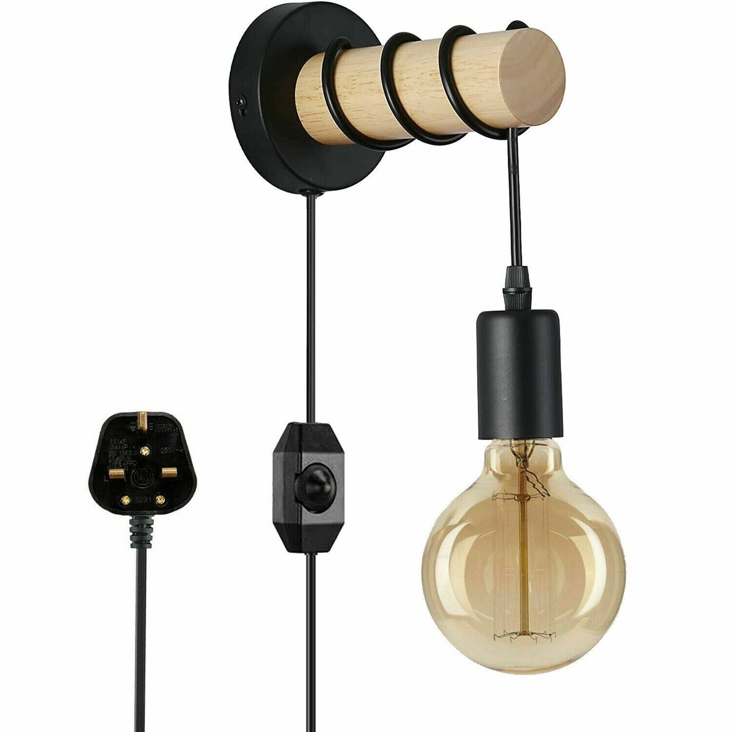 Plug in Wall Light Adjustable Single Wood Arm Reading Wall Lamp Bedside Lighting