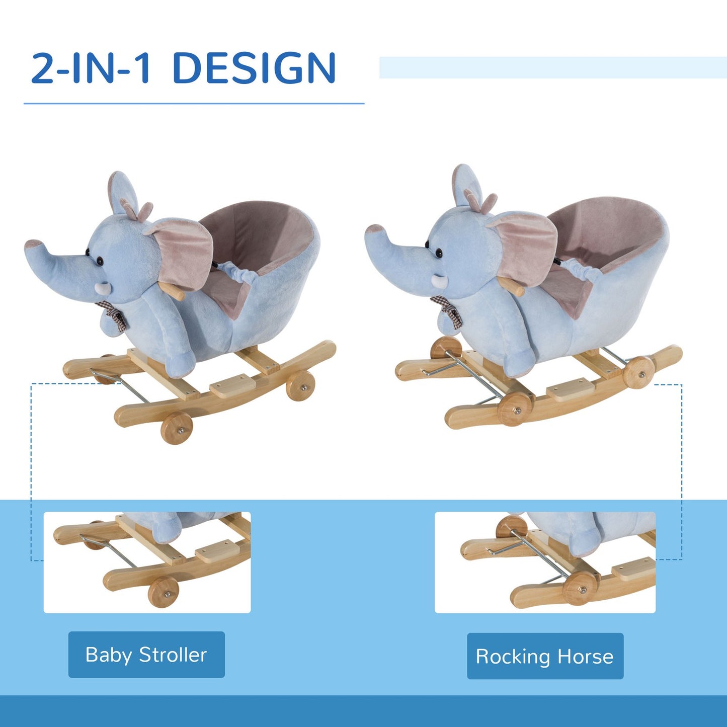 HOMCOM 2-In-1 Baby Rocking Horse Ride on Elephant W/ Wheels Music, Blue
