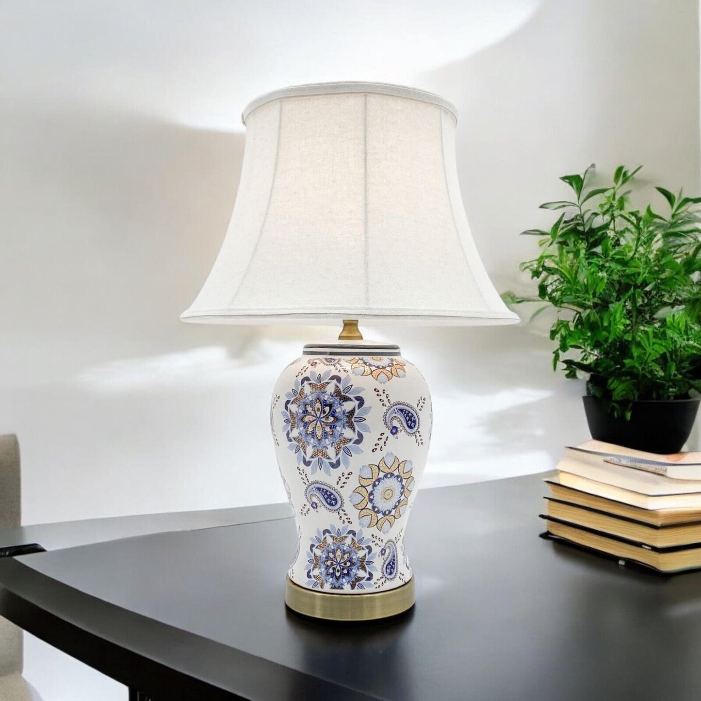 Floral Ceramic Table Lamp with Shade 64Cm Large & Oriental Pattern Design