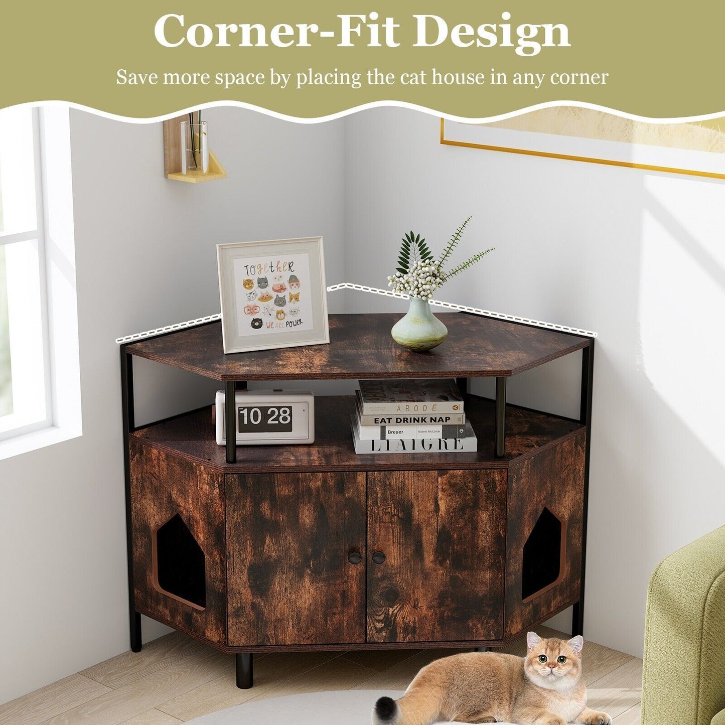 COSTWAY Corner Cat Litter Box Enclosure Cat House Cabinet with Open Shelf