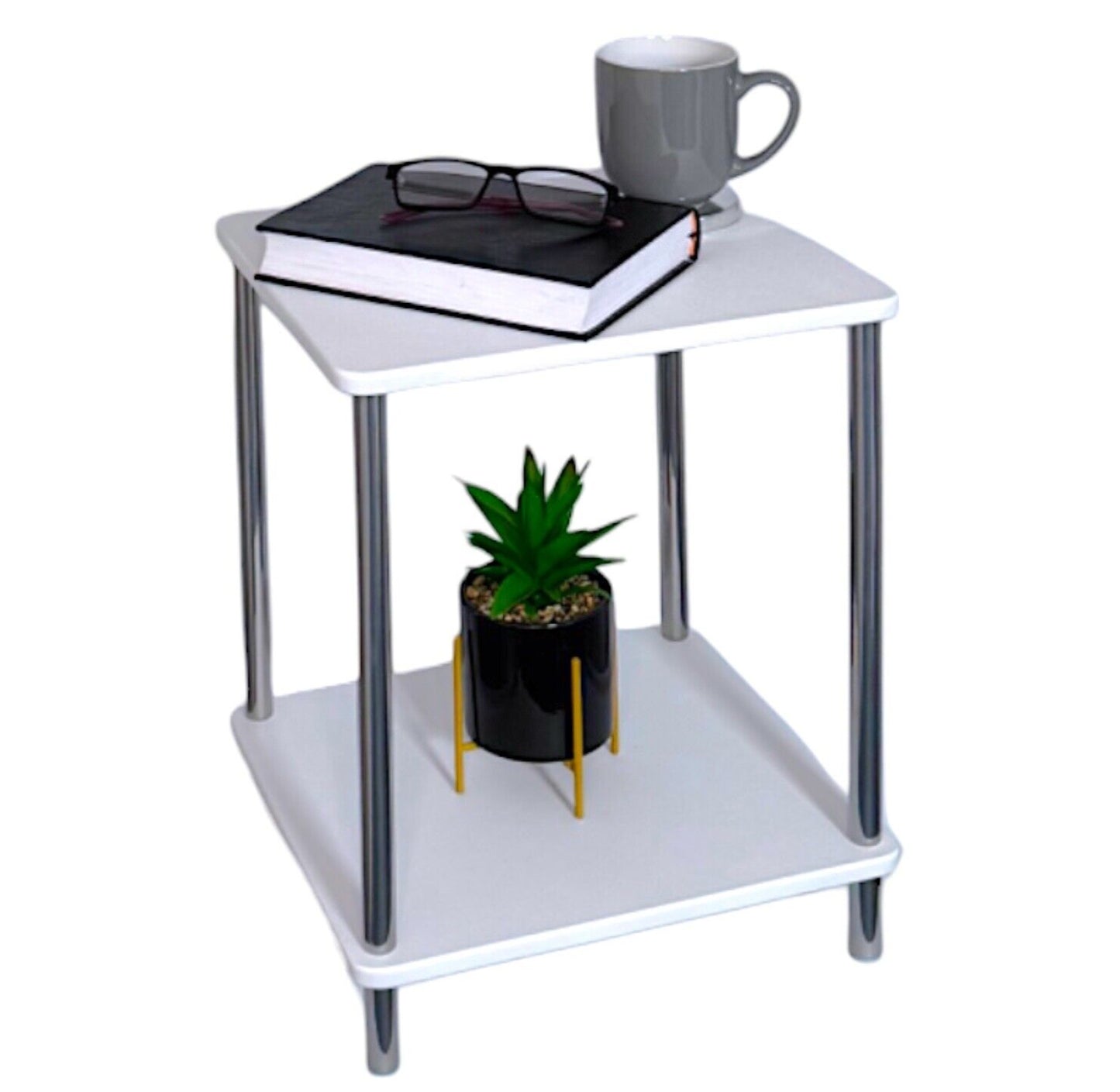 Small 2 Tier White Gloss Finish Side Table with Shelf Bedroom Coffee End Table