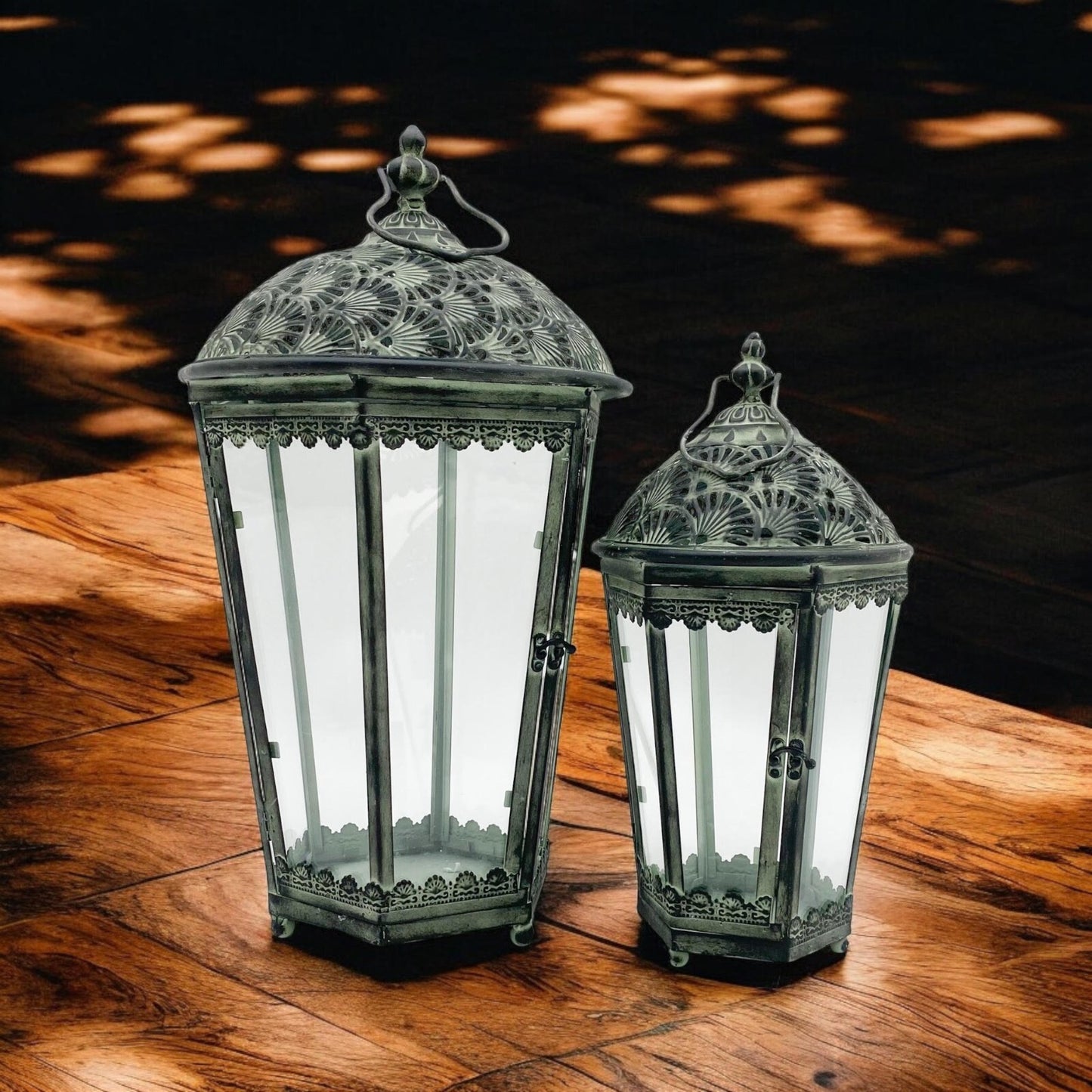 Set of 2 Tall Antiqued Style Green Metal and Glass Garden Lantern Indoor Outdoor