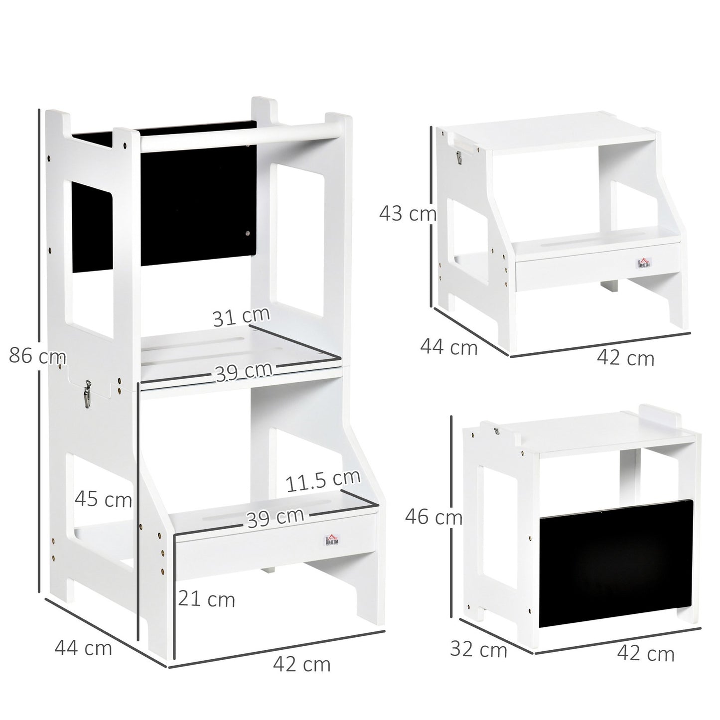 2-In-1 Kids Kitchen Step Stool Table Chair Set W/ Safety Rail Chalkboard, White