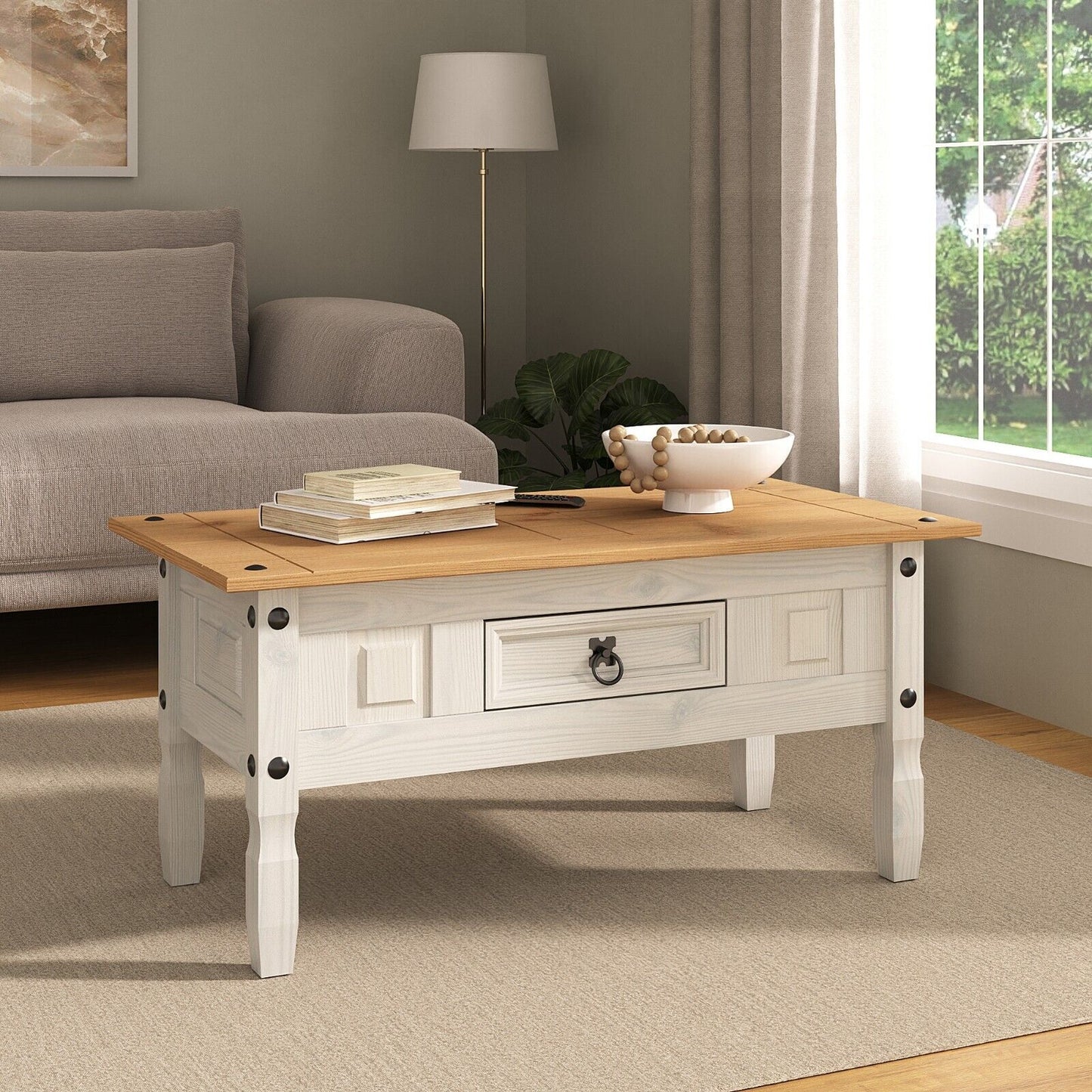 Corona White Coffee Table 1 Drawer Solid Wood Occasional Table Mexican Pine