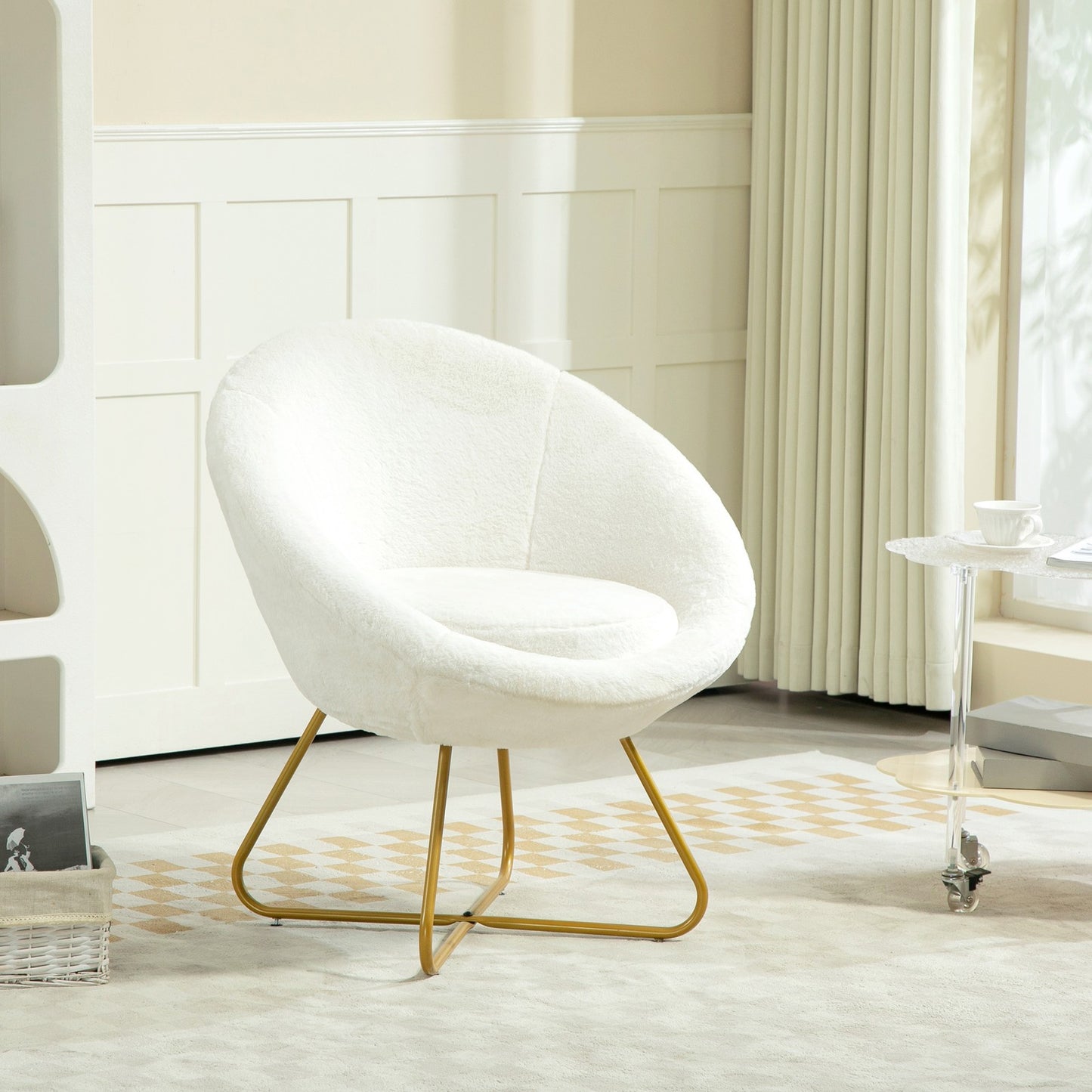 Faux Fur Accent Chair with Golden Metal Legs, Non-Slip Footpads, White