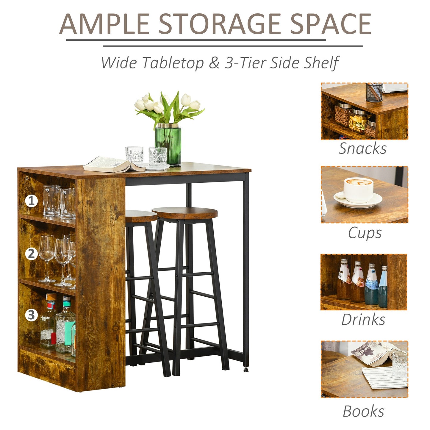 3 Pieces Bar Table Set Pub Dining Table Set W/ Storage Shelf and 2 Stools