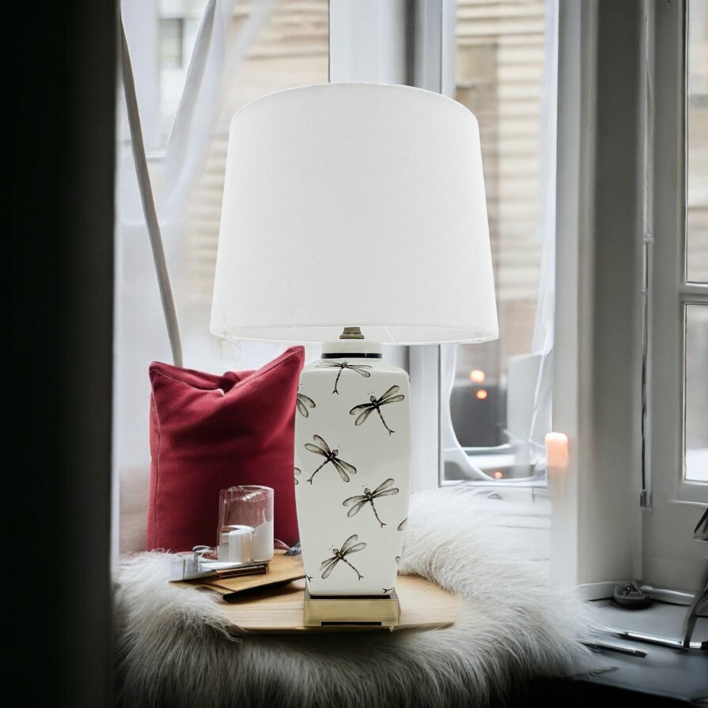64Cm Dragonfly Ceramic Table Lamp with Pleated Drum Shade – Elegant Home Decor