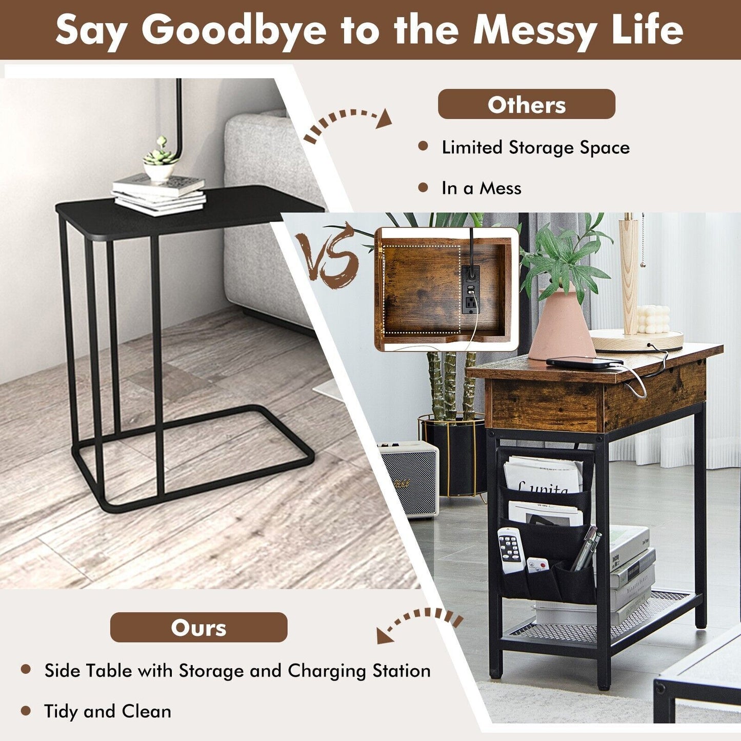 2-Tier Side Table End Table W/Usb Ports & Flip Top Narrow Nightstand for Bedroom