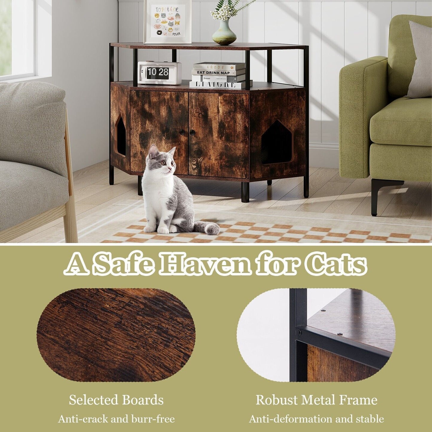COSTWAY Corner Cat Litter Box Enclosure Cat House Cabinet with Open Shelf