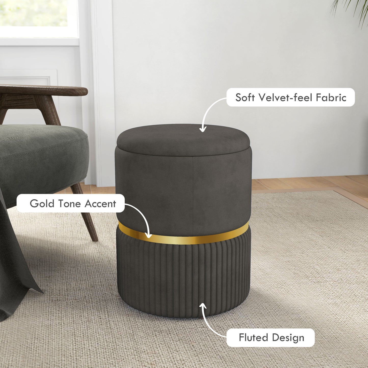 Round Storage Foot Stool, Velvet-Feel Fabric Upholstered Pouffe