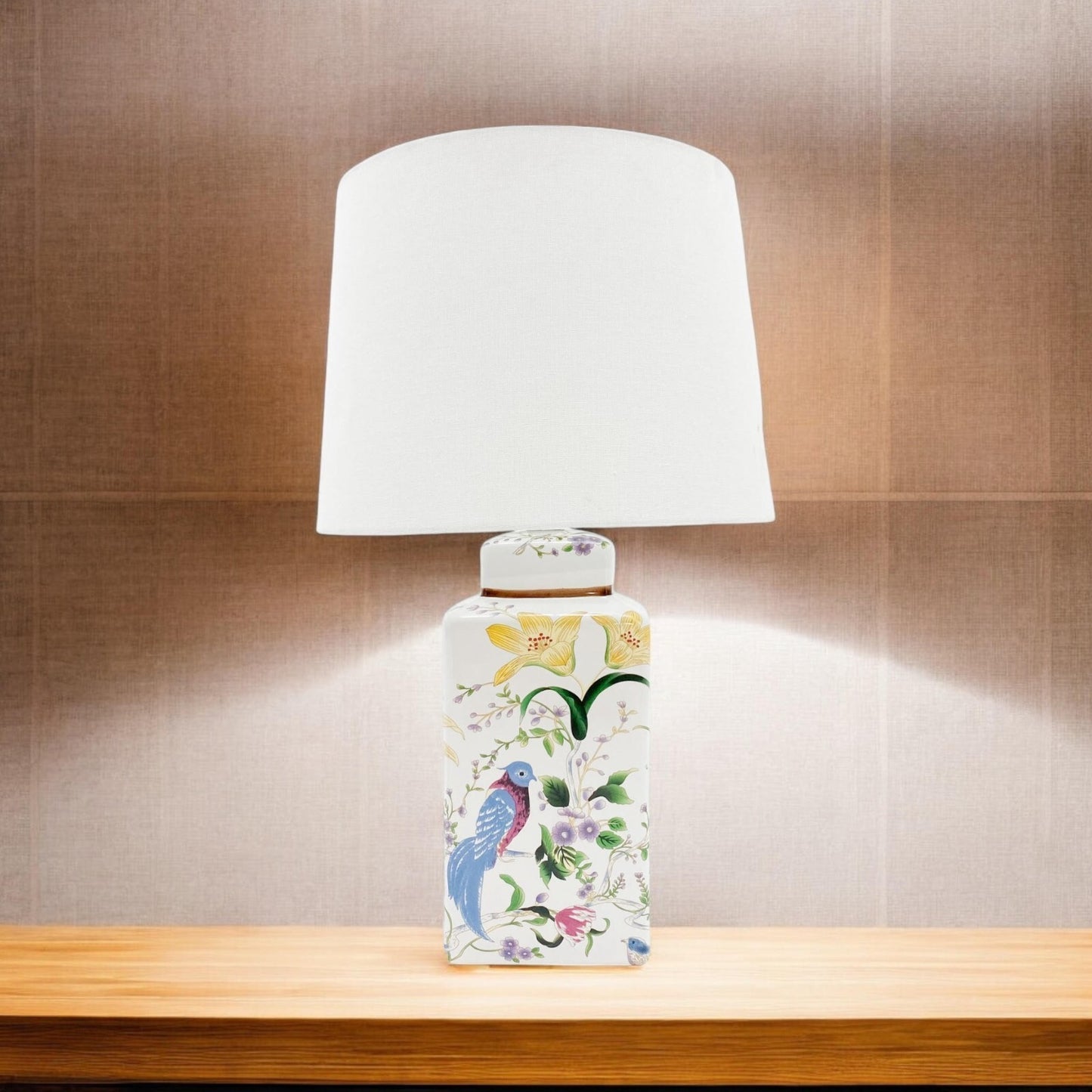 Stunning Floral Ceramic Table Lamp Pleated Shade Oriental Bird Hall Light 58Cm