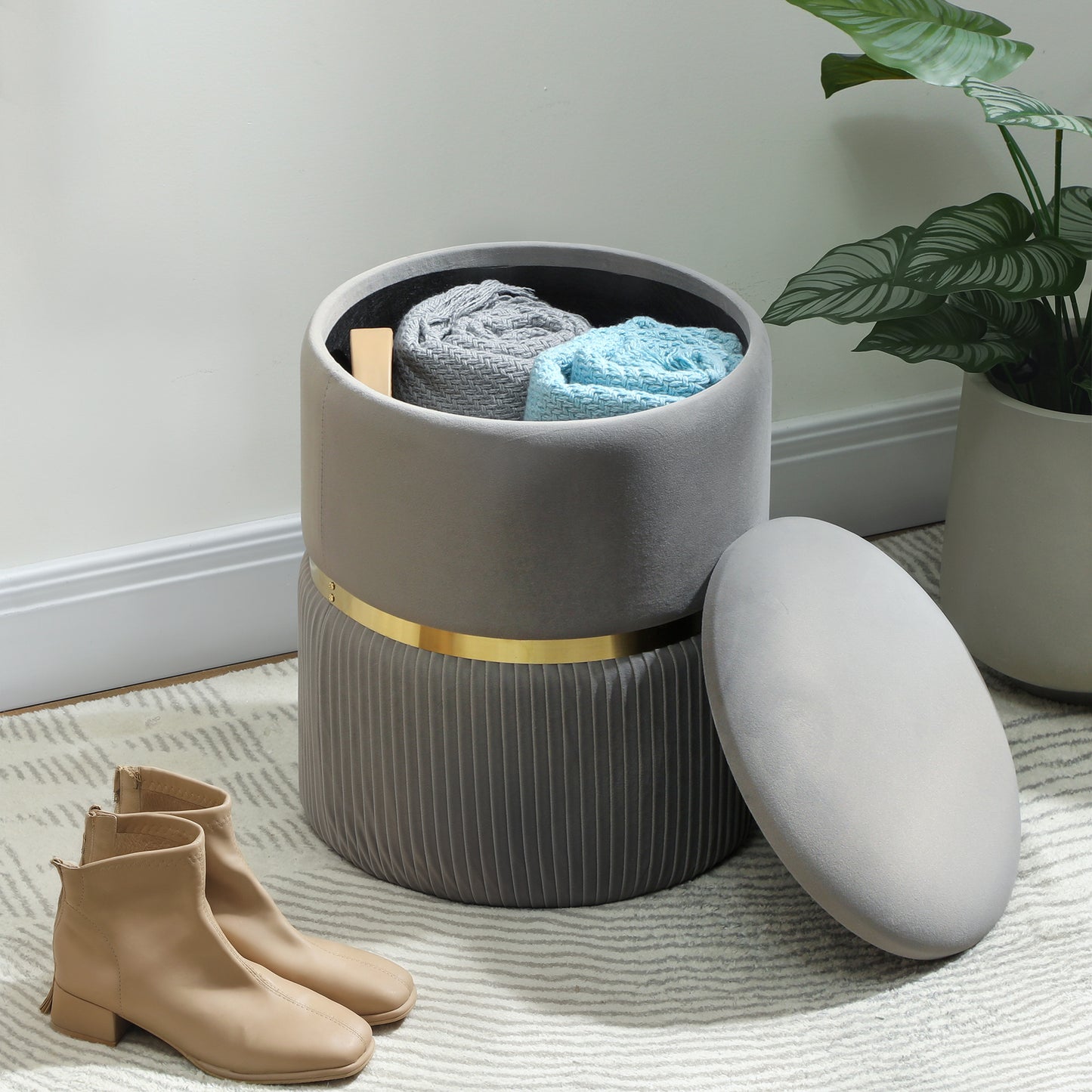 Round Storage Foot Stool, Velvet-Feel Fabric Upholstered Pouffe