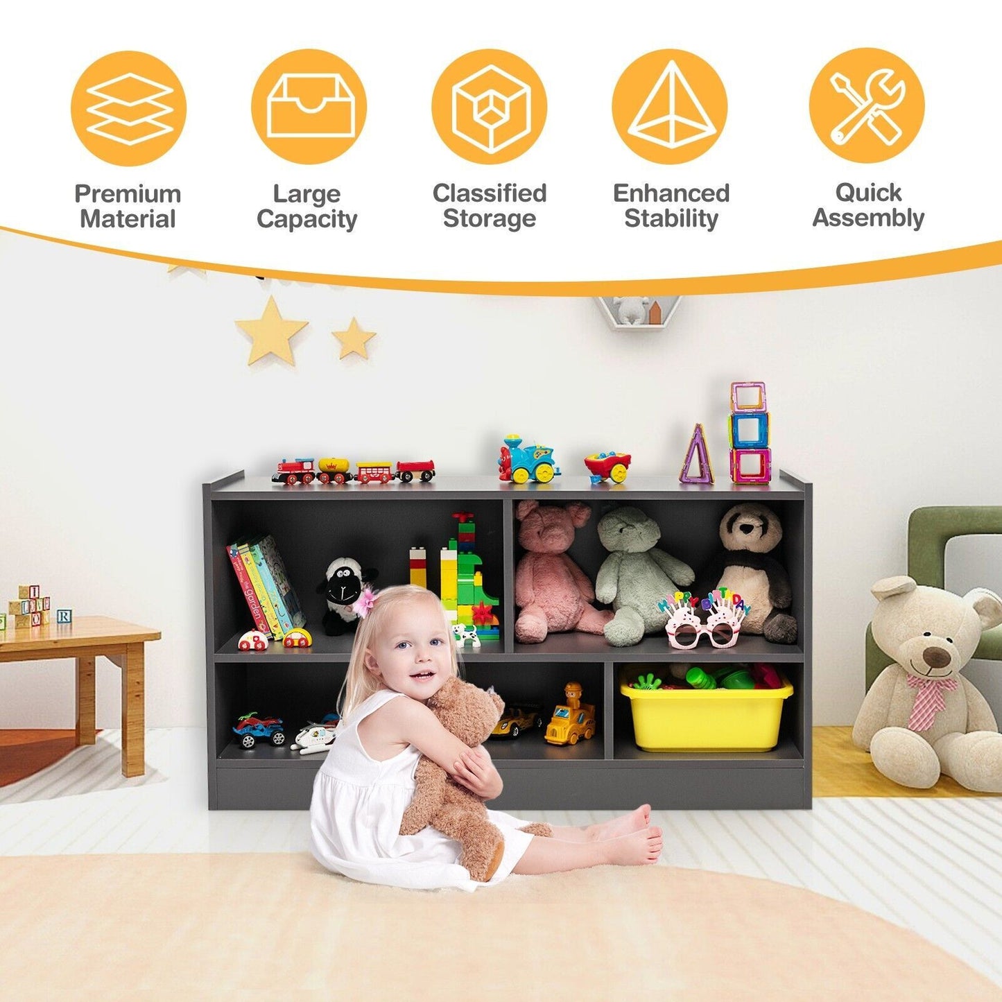 Kids Storage Shelf Unit 5-Cubby Wooden Children Bookcase Toy Storage Organizer