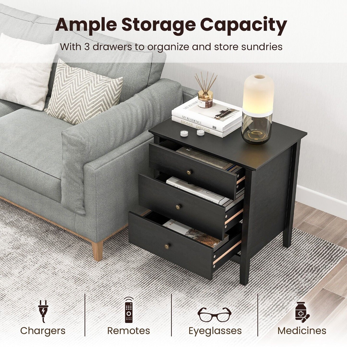 Costway 3-Drawer Nightstand Bedroom Wooden Bed Side Table Modern End Table