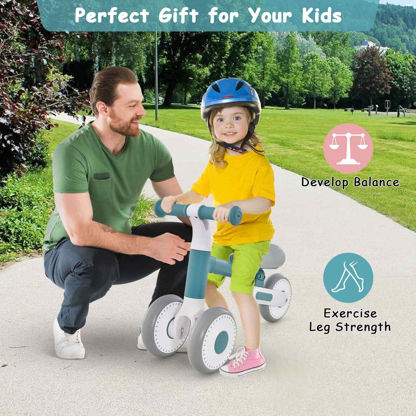Baby Balance Bike 4 Wheels Toddler First Bike No Pedal Baby Walker Riding-Blue