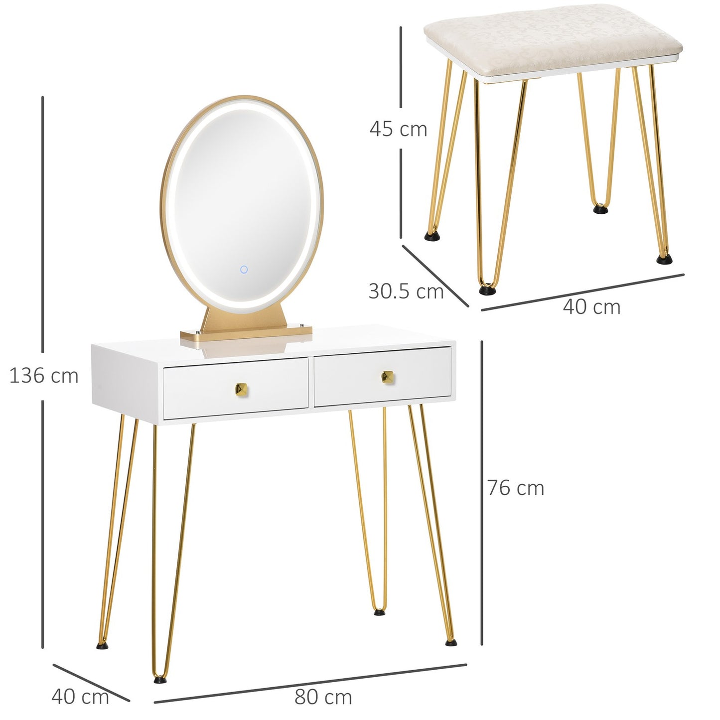 Dressing Table Set with Two Drawers and Cushioned Stool for Makeup Application