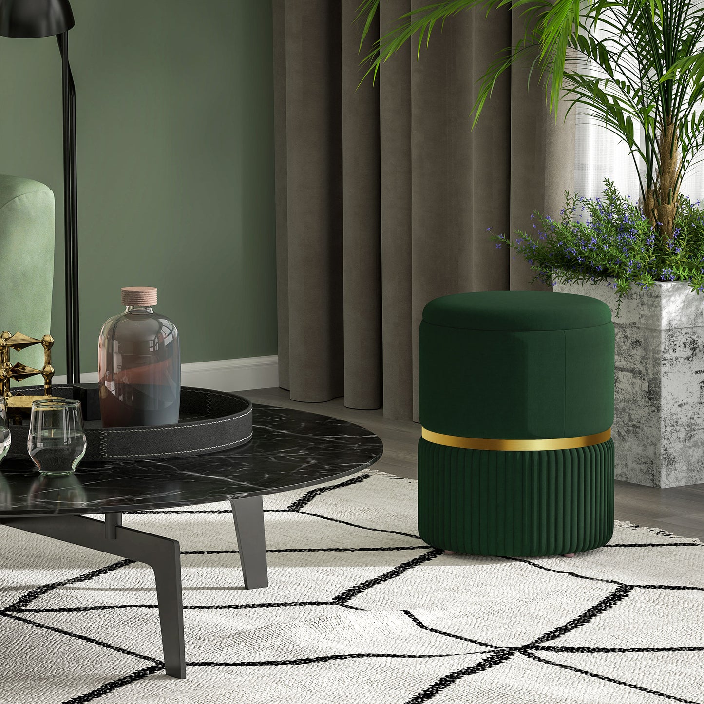 Round Storage Foot Stool, Velvet-Feel Fabric Upholstered Pouffe