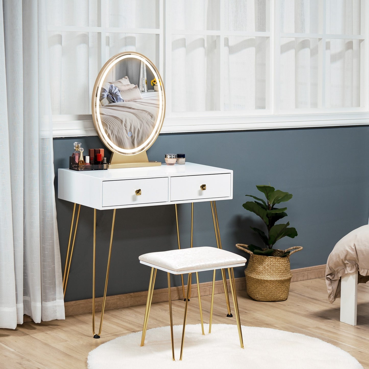 Dressing Table Set with Two Drawers and Cushioned Stool for Makeup Application