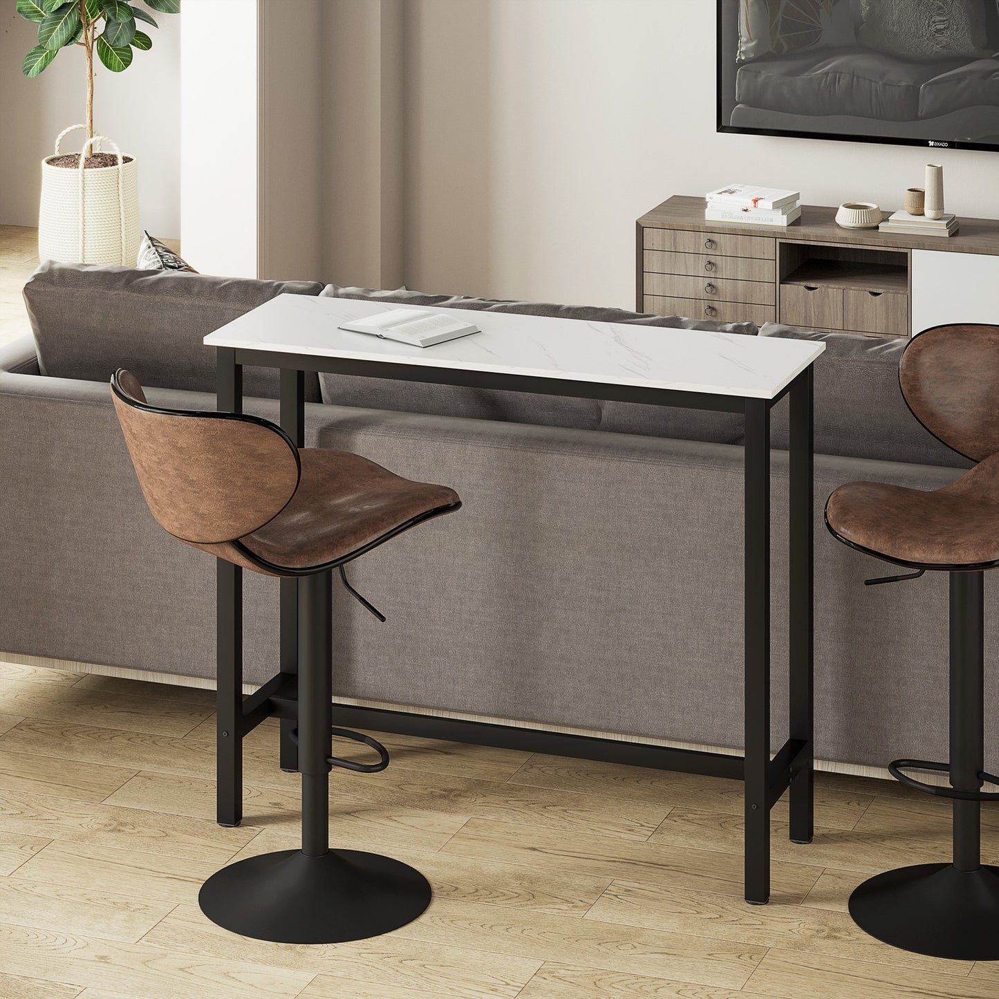 Adjustable Bar Table for Breakfast and Dining - White and Black with Footpads