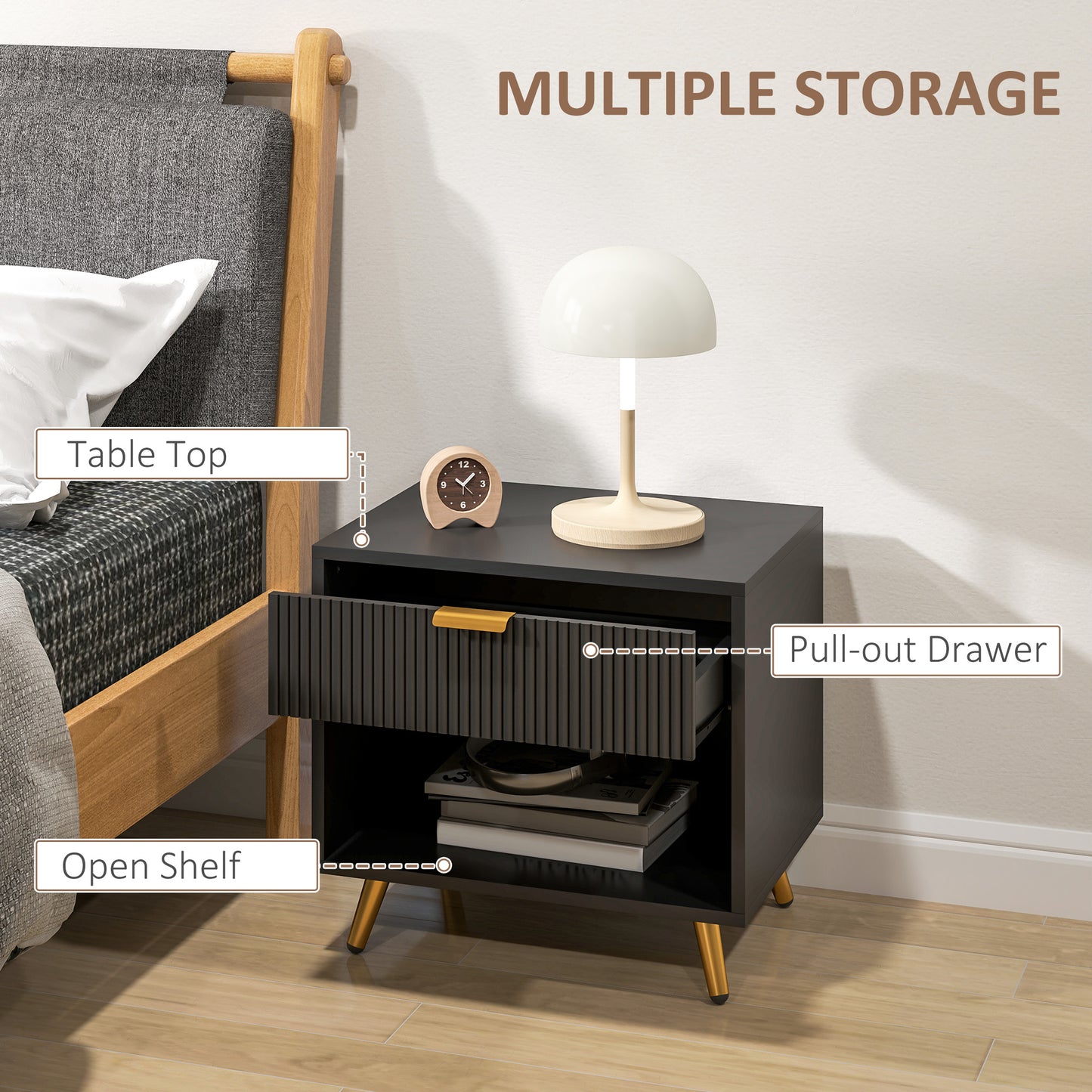 End Table with Drawer and Open Compartment for Bedroom
