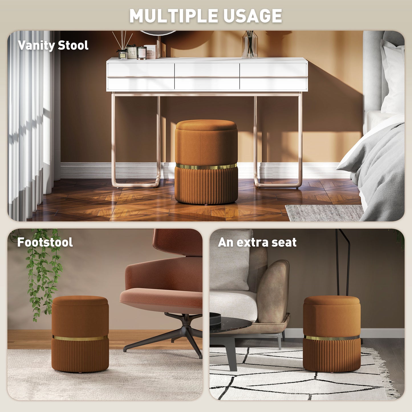 Round Storage Foot Stool, Velvet-Feel Fabric Upholstered Pouffe