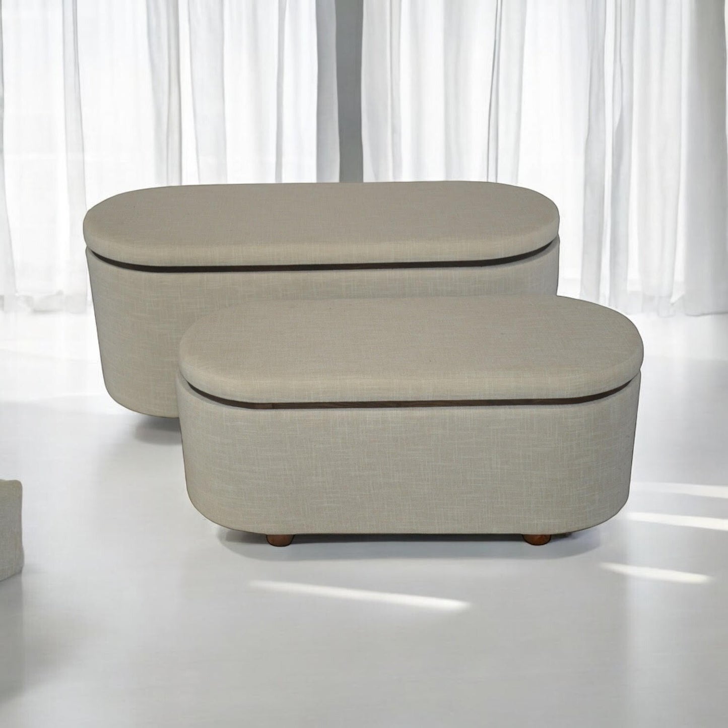 Extra Large Cream Linen Stylish Storage Seating Stools Set - 2 with Lift-Up Lids