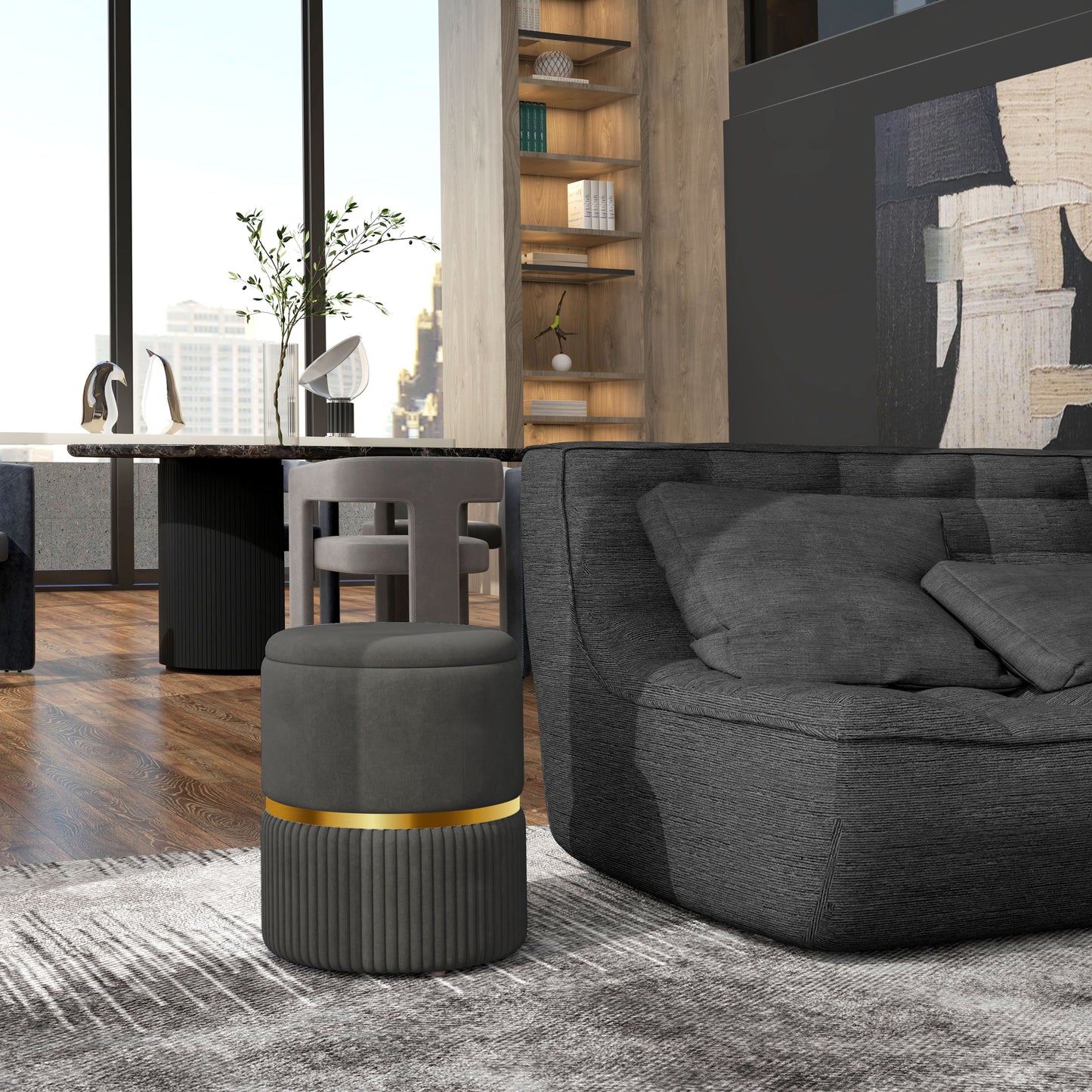 Round Storage Foot Stool, Velvet-Feel Fabric Upholstered Pouffe