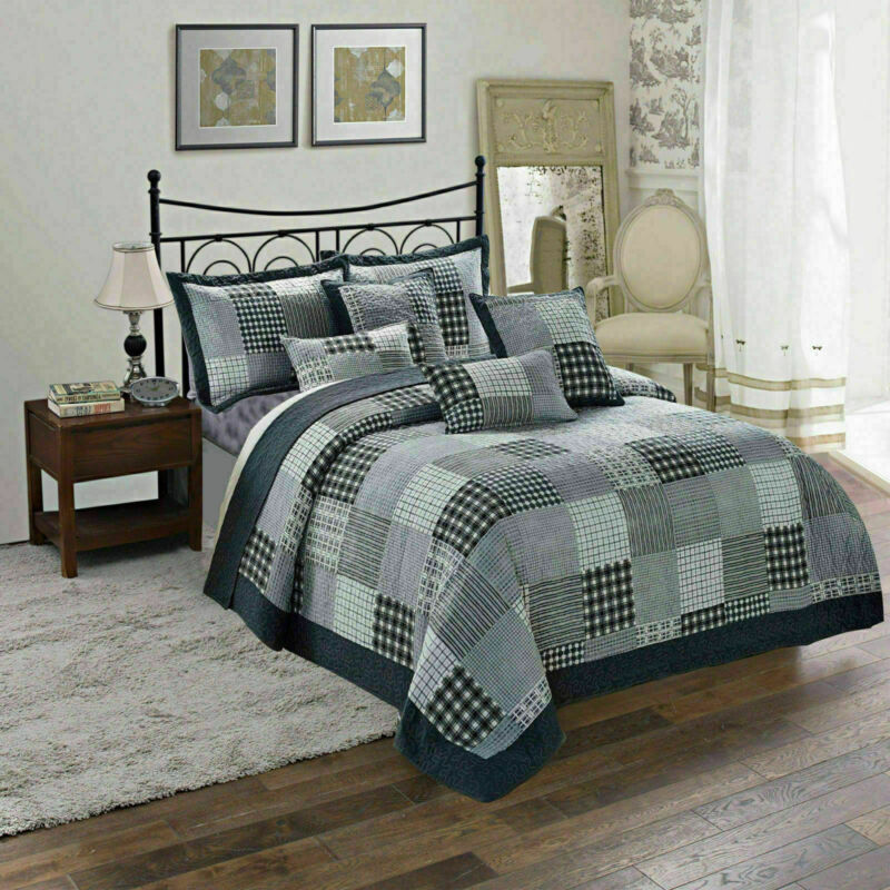 3 Piece Quilted Patchwork Bedspread Throw