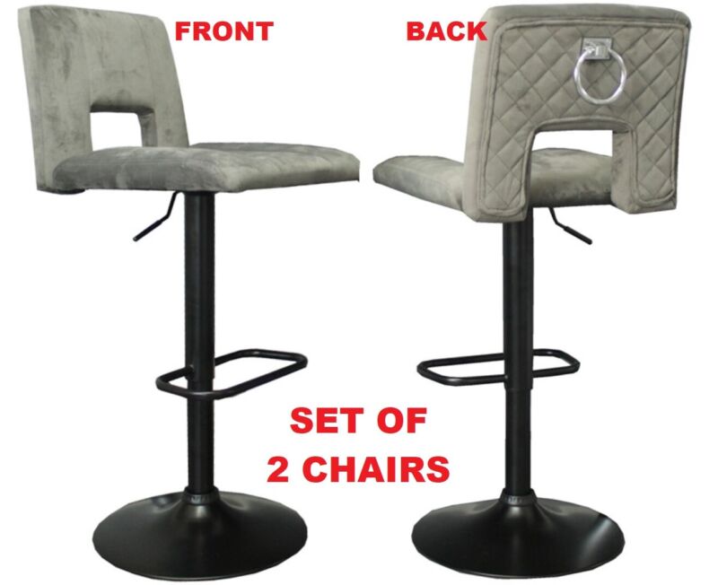 Set of 2 Grey Velvet Bar stools with Ring Knocker